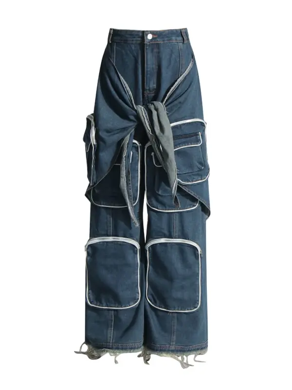 Structural binding workwear jeans for women loose fitting multi pocket jeans