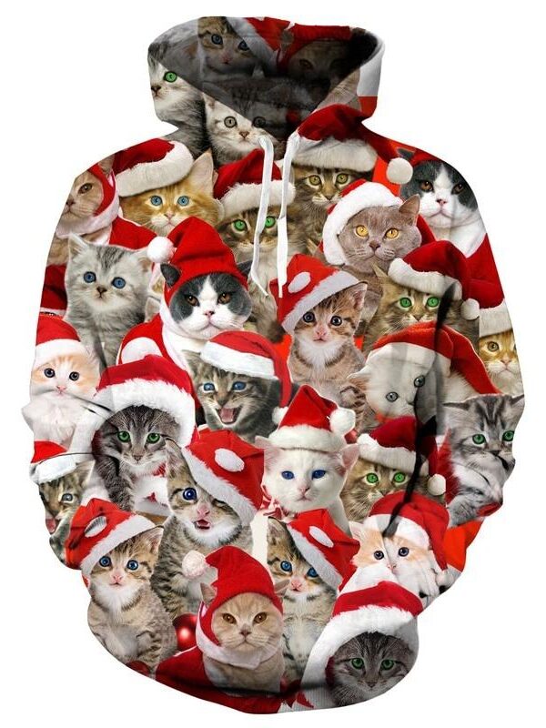 Christmas Hoodies Women Men 3D  Cat With Santa Hat Sweatshirts