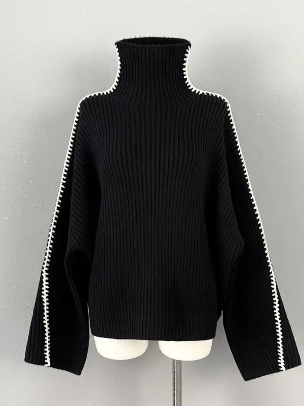 Autumn Winter Luxury Fashion Women Black 100% Wool Loose Casual Sweater Jumpers for Female