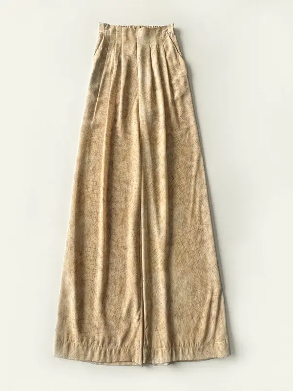 Spanish Niche Cor @ Pink Orange Line Printed Elastic Waist Pleated Silk Wide Leg Pants