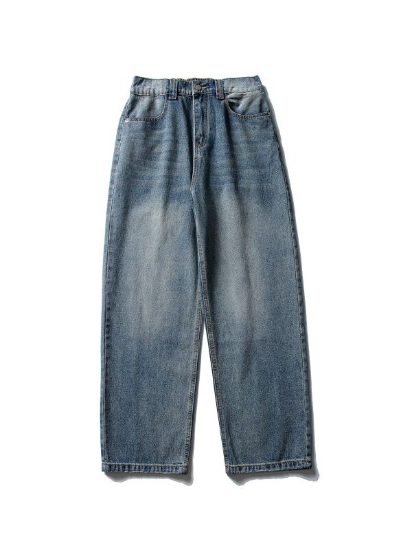 Distressed Relaxed Straight Leg Slightly Wide Washed Raw Edge Denim Pants