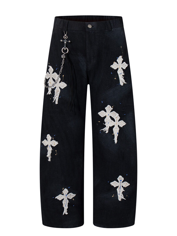 Street Style Luxury Cross Patch Embroidery Color Splatter Hand-painted Straight Leg Hip-hop Loose Jeans
