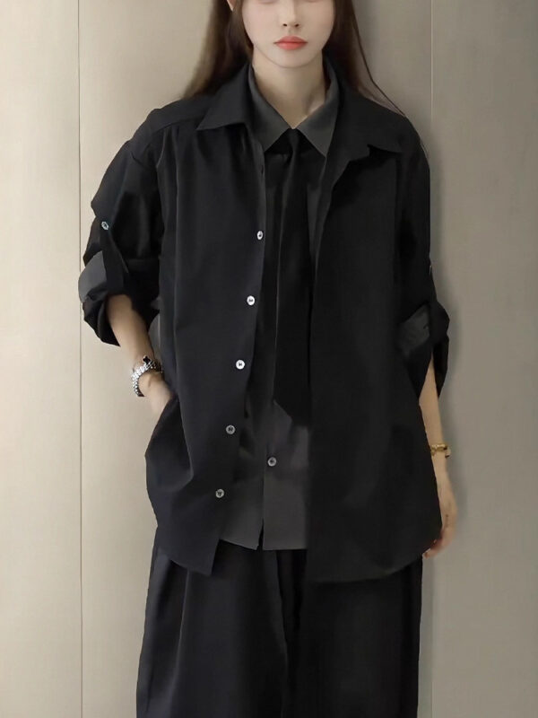 Faux Two-Piece Black Shirt Jacket Unisex Autumn New Style Unique High-End Shirt with Tie Suit Top