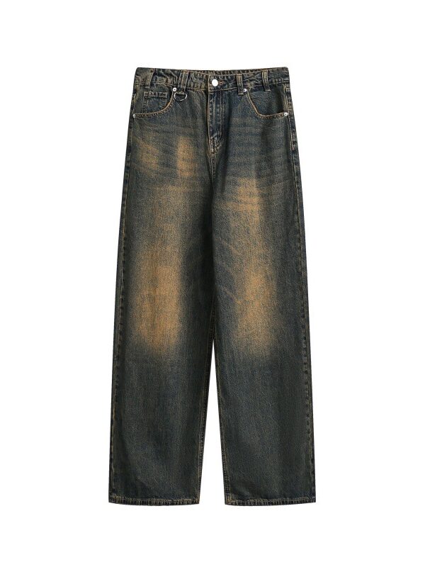 Washed Yellow Mud Color Distressed Loose Straight Leg Jeans