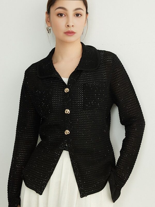 Women's sequin knitted sweater with a turned-down collar ruffled sleeves long sleeves