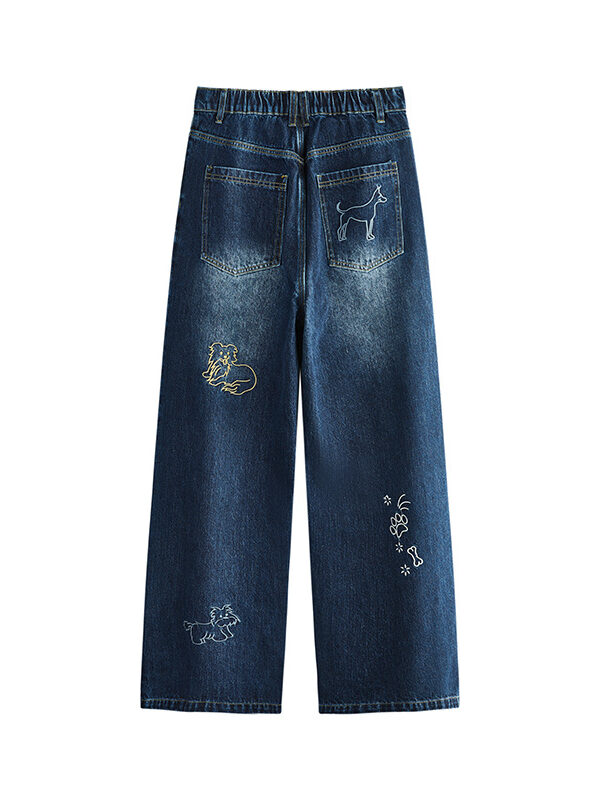 Dog Embroidered Wide Leg Jeans