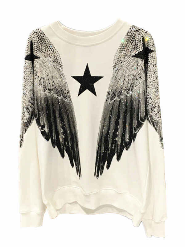 Autumn and winter luxury fashion hoodie for men and women, heavy-duty hot stamping, full diamond, large wings, wings, round neck pullover, couple style