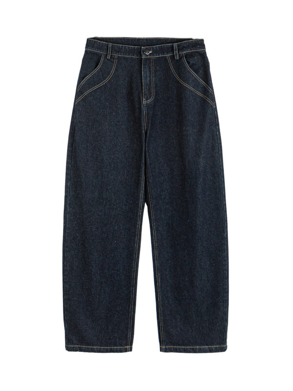 Straight Loose Fit Denim Pants with Visible Stitching Original Color Casual Wide Leg Jeans