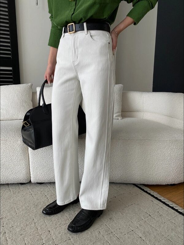 High Waist Slim Straight Leg Fitted Fleece-Lined Jeans for Women - Minimalist Blogger Style Long Leg Look