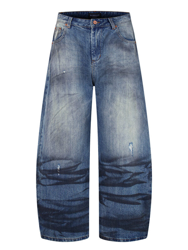 Street Style Vintage Distressed Washed Knife-Edge Denim Pants, Hip-Hop Casual Loose Ripped Straight Leg Jeans