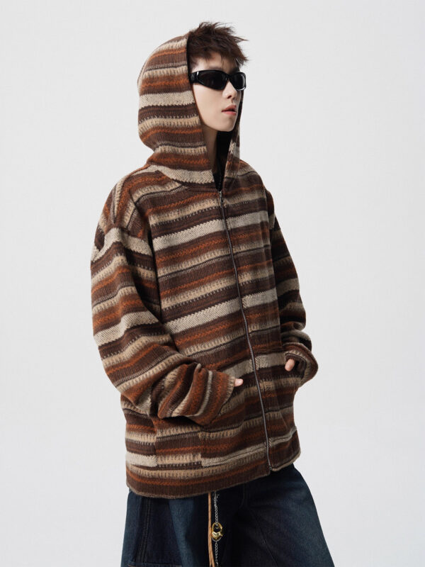 Brown Vintage Stripe Spliced Hoodie Unisex Autumn Winter Fashion Brand Loose Casual Couple Long Sleeve Outerwear