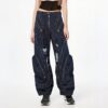 High Waist Navy Blue Zipper Pocket Irregular Burr Wide Leg Jeans New Women Trousers Fashion Spring Autumn