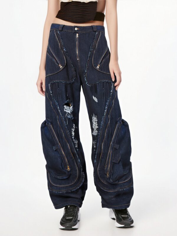 High Waist Navy Blue Zipper Pocket Irregular Burr Wide Leg Jeans New Women Trousers Fashion Spring Autumn