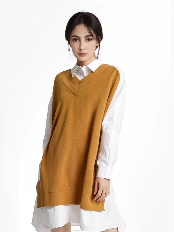 Lazy Style Loose Retro Shirt Skirt Women's Autumn New Knitted Splicing Fake Two piece Design Versatile Dress