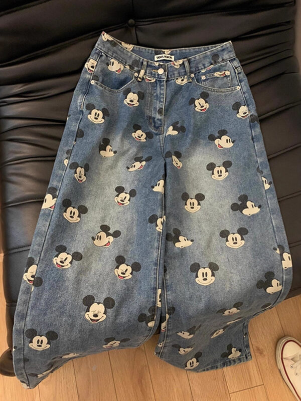 Cute Youthful  Vintage Mickey Print High-Waisted Jeans for Men and Women, Loose Straight-Leg Casual Wide-Leg Pants