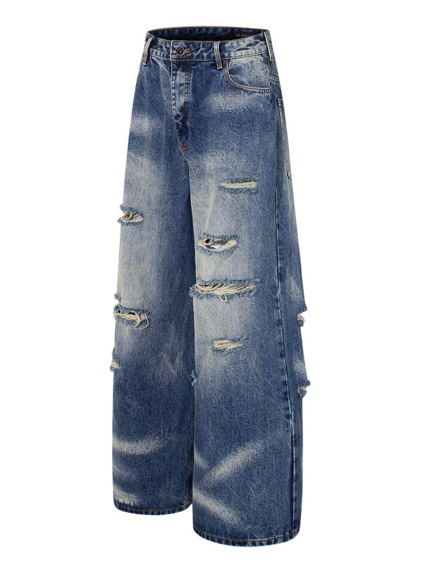 Vintage Personality Design Ripped Streetwear Loose Fit Jeans Men Hip Hop Distressed Wide Leg Long Pants