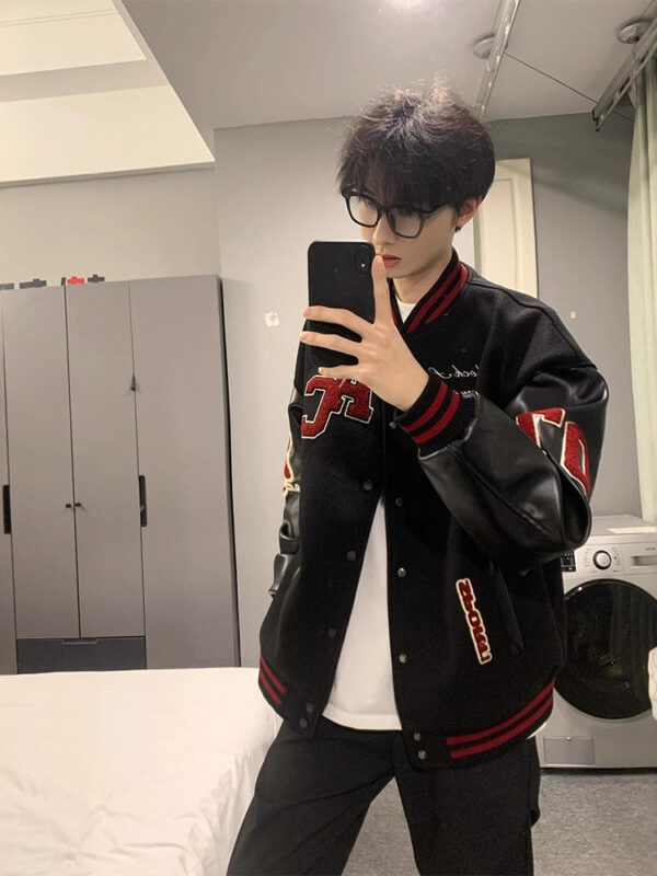 Streetwear Vintage Letter Baseball Jacket Patchwork Leather Sleeve Jacket with Embroidery Couple Style Autumn and Winter New Fashion Brand Coat