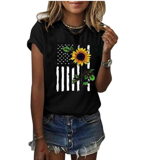Summer Independence Day Sunflower Print T-Shirt Short Sleeve Crew Neck T-Shirt Women's Top