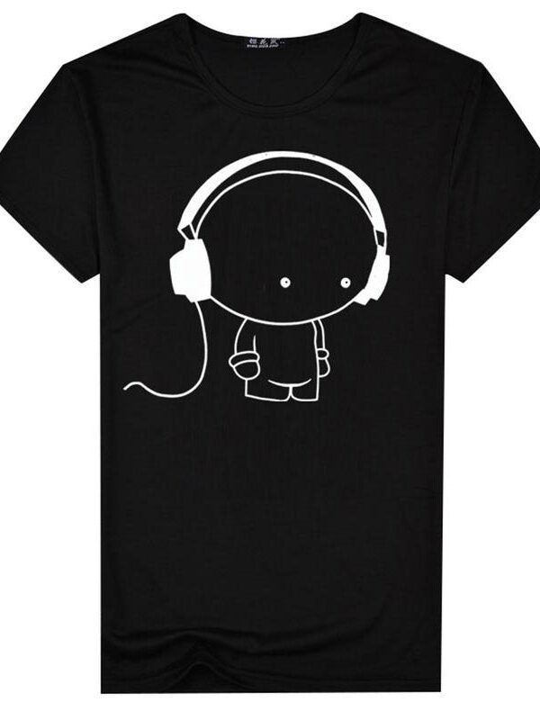 Men Short Sleeve T-Shirt Headphone Man Cartoon Pattern Print T-Shirt Fashion Casual Round Neck Slim Fit Top Male