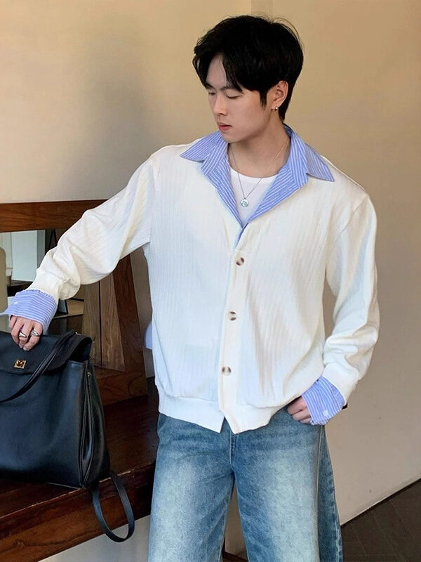 Miu-style False Two-Piece Knit Cardigan for Men Winter  Elegant Casual and Commute Sweater Shirt Jacket