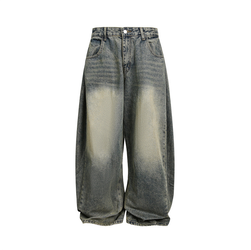 Washed Distressed Unisex Wide Leg Jeans Denim Material